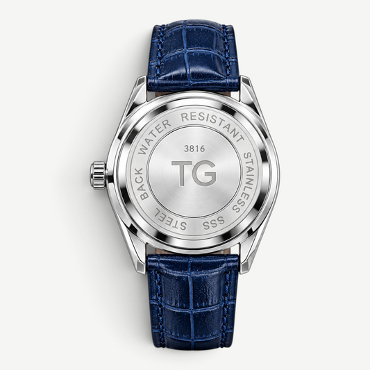 Swankco TAG Heuer Carrera watch case back showing stainless steel finish and blue alligator leather strap