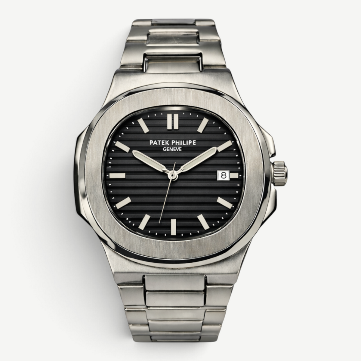 Swankco Patek Philippe Geneve luxury watch with a black ribbed dial, silver stainless steel band, and date window.