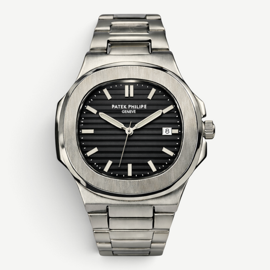 Swankco Patek Philippe Geneve luxury watch with a black ribbed dial, silver stainless steel band, and date window.