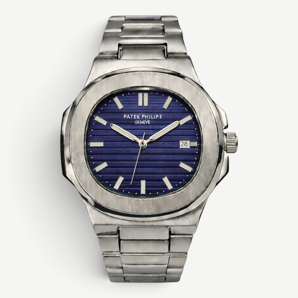 Swankco Patek Philippe Geneve luxury watch with a blue horizontal-striped dial, silver stainless steel band, and date
