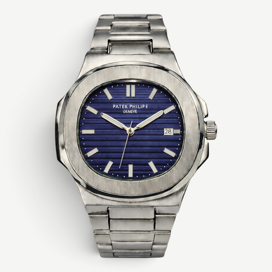 Swankco Patek Philippe Geneve luxury watch with a blue horizontal-striped dial, silver stainless steel band, and date