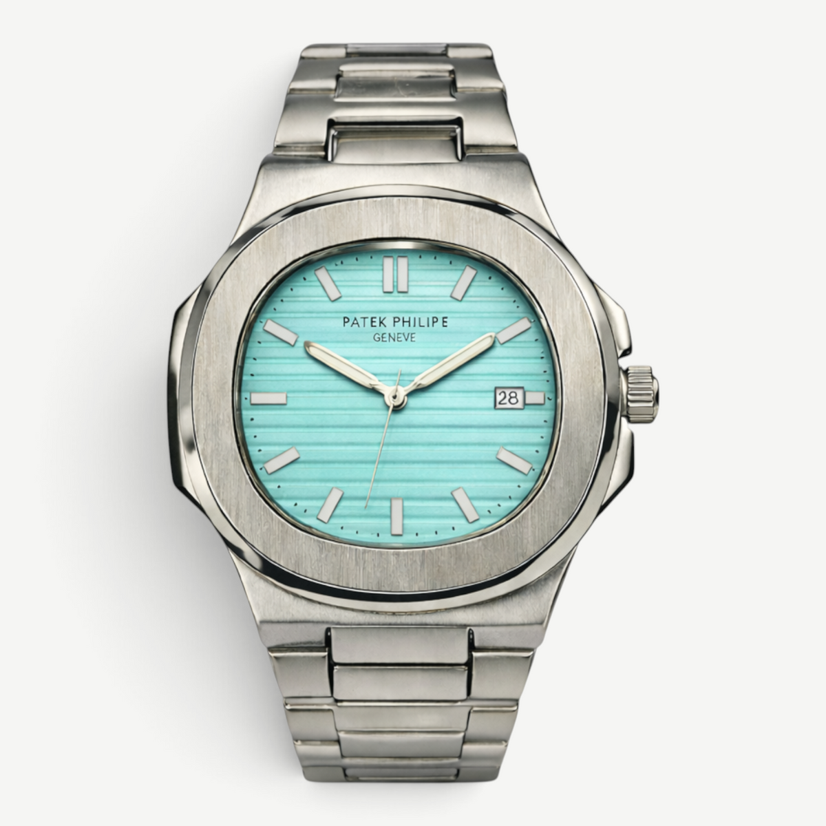 Swankco Patek Philippe Geneve luxury watch with a turquoise dial, stainless steel bracelet, and date display.