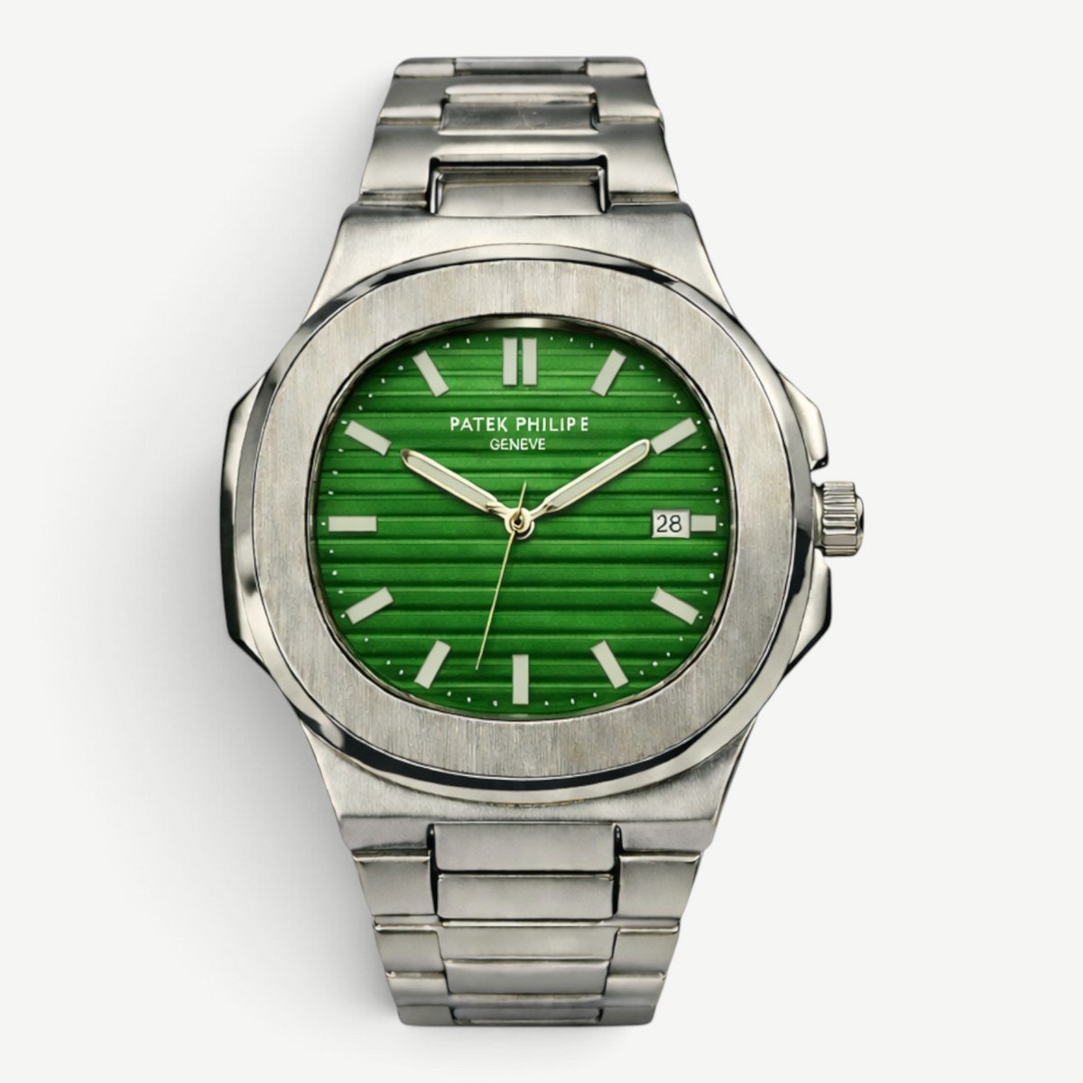 Swankco Patek Philippe Geneve luxury watch with a green horizontal-striped dial, silver stainless steel band, and date