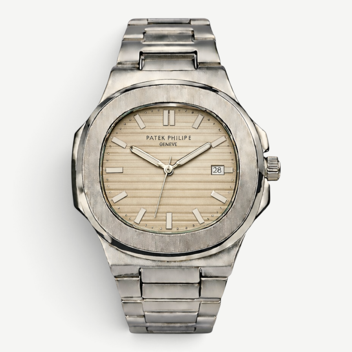 Swankco Patek Philippe Geneve luxury watch with a silver stainless steel band and a textured beige dial with date
