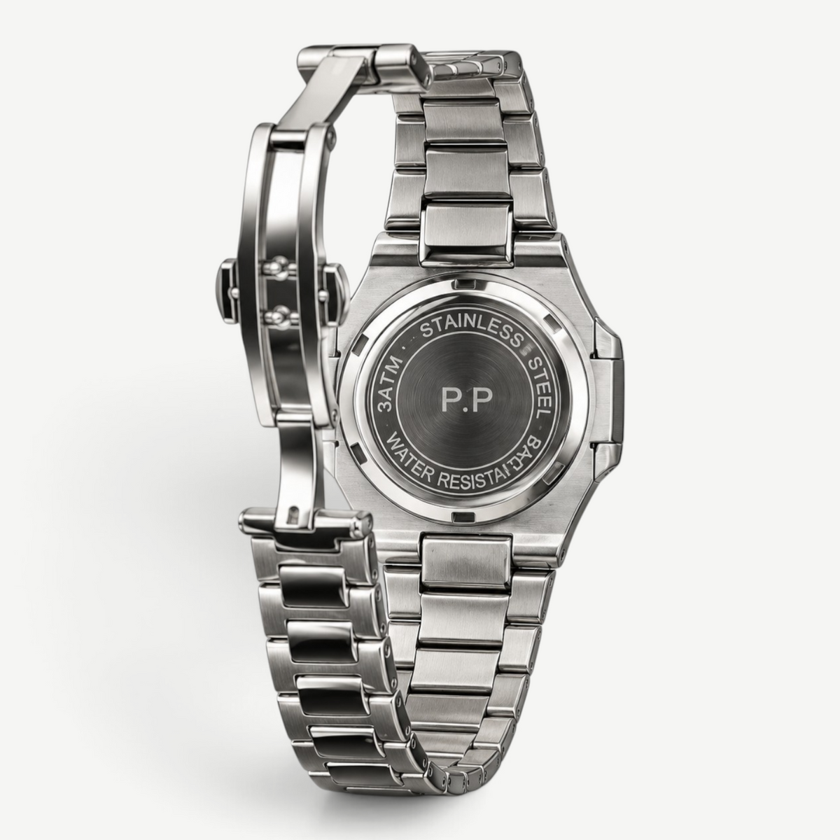 Swankco Patek Philippe watch showing the stainless steel case back with clasp and link bracelet