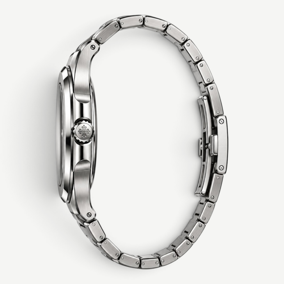 Swankco Patek Philippe Geneve luxury watch in stainless steel, side profile view showing crown and link bracelet