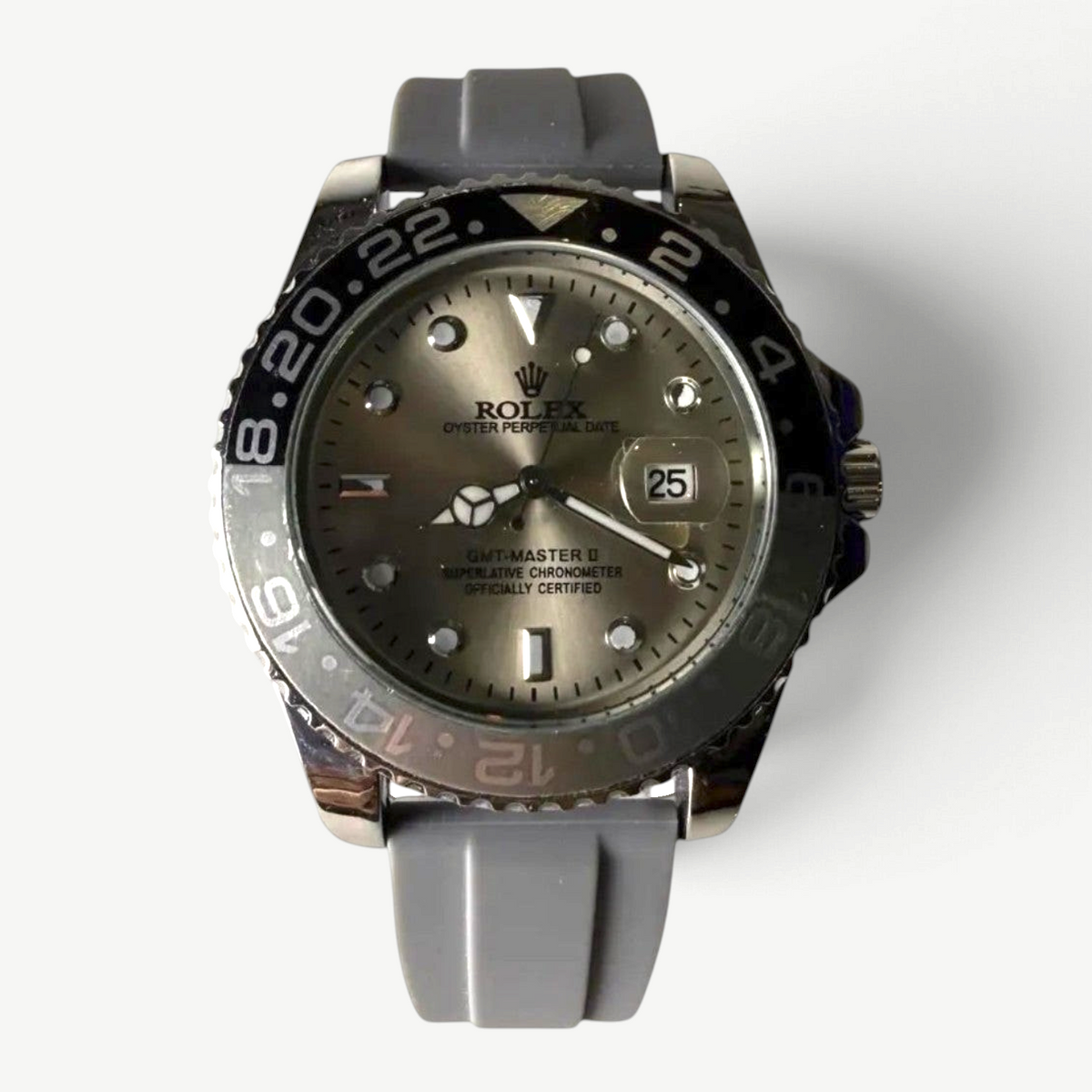 SWANKCO RLX Meridian Two Tone watch with silver two-tone dial, black 24-hour bezel and grey rubber strap