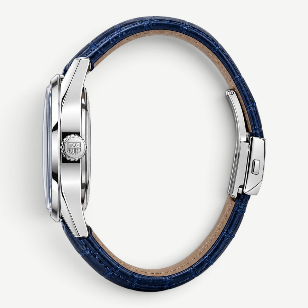 Swankco TAG Heuer Carrera automatic watch with a blue alligator leather strap and stainless steel case, side view