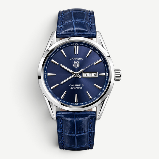 Swankco TAG Heuer Carrera automatic watch with a blue sunray dial, silver indices, and a blue alligator leather strap.