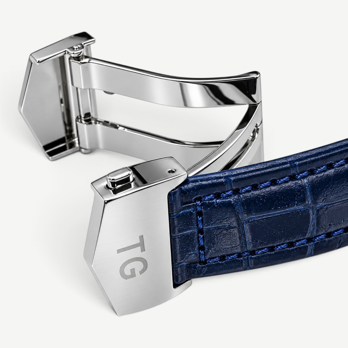 Swankco TAG Heuer Carrera watch deployment clasp with blue alligator leather strap and polished steel finish