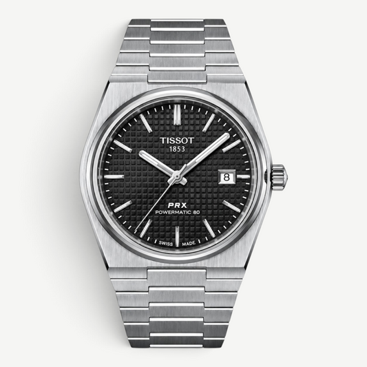 Swankco Tissot Powermatic 80 Swiss watch with a black textured dial and stainless steel integrated bracelet