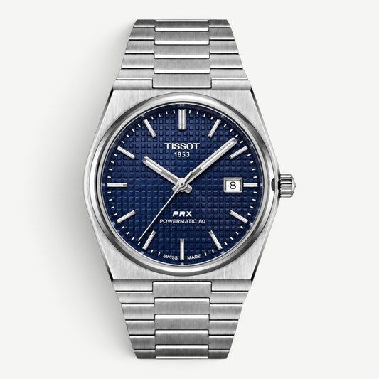 Swankco Tissot Powermatic 80 watch with a blue waffle-pattern dial and stainless steel bracelet